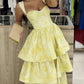 Yellow sweet elegant sleeveless ruffle floor length long tiered ball gown evening dress birthday party dress gh3034