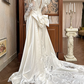 Ivory Vintage Satin Wedding Prom Dress, Square‑V Neck, Leg‑of‑Mutton Puff Sleeves, Lace Appliqués, A‑Line Scalloped Lace Long Train gh8673