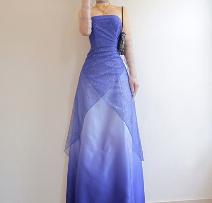 ✨Girlhomeshops-Blue Ombre Glitter Tulle Strapless A Line Formal Prom Gown gh10246
