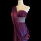 Deep Purple Strapless Long Evening Gown, Ruched Bust, Full Rhinestone Beaded Waistband, Single Draped Long Sash, Floor‑Length Train, Formal Prom Host Dress gh8910