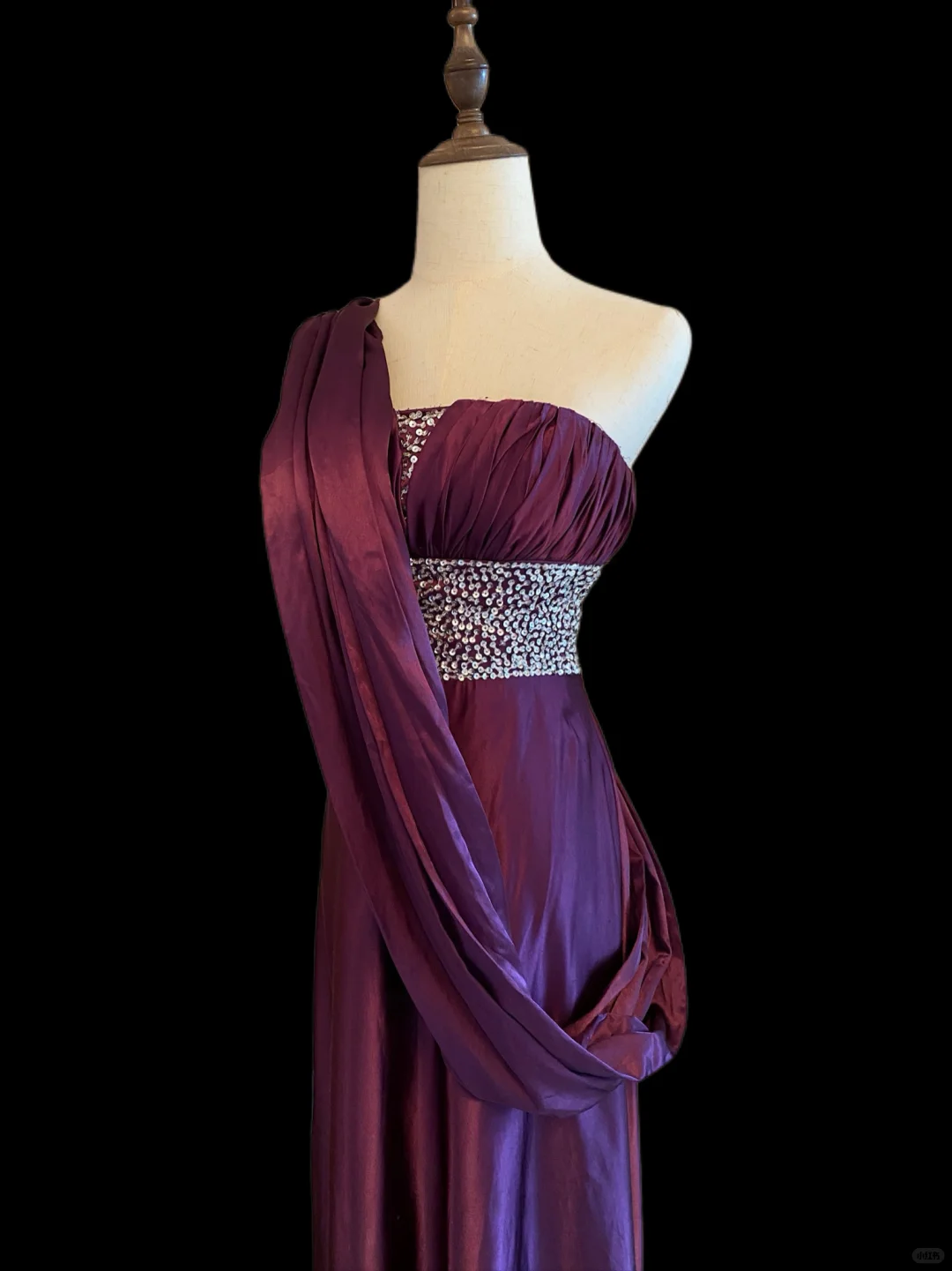 Deep Purple Strapless Long Evening Gown, Ruched Bust, Full Rhinestone Beaded Waistband, Single Draped Long Sash, Floor‑Length Train, Formal Prom Host Dress gh8910