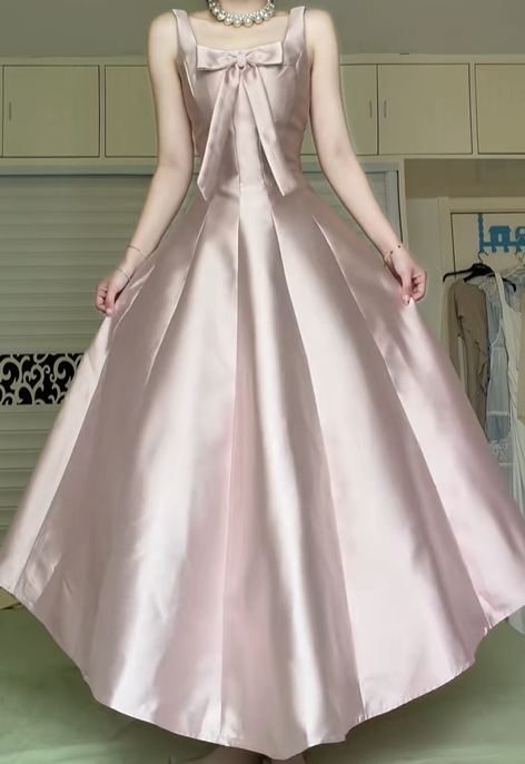 Dusty Pink Square Neck Satin Long Evening Gown, Front Bow A‑Line Formal Prom Dress gh9031