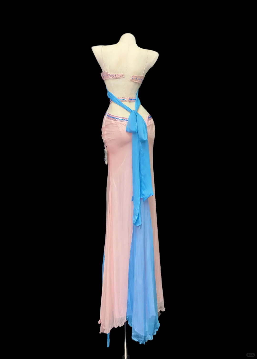 Pink‑Blue Color‑Block Mermaid Evening Gown, Spaghetti Strap V‑Neck, 3D Butterfly Rhinestone Beaded Bodice, Waist Cut‑Out, High‑Slit Ruffled Mermaid Skirt, Formal Pageant Prom Dress gh8900