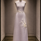 ✨Girlhomeshops-Lavender Sleeveless New Chinese Cheongsam, 3D Pearl Floral Applique Midi Dress gh10432
