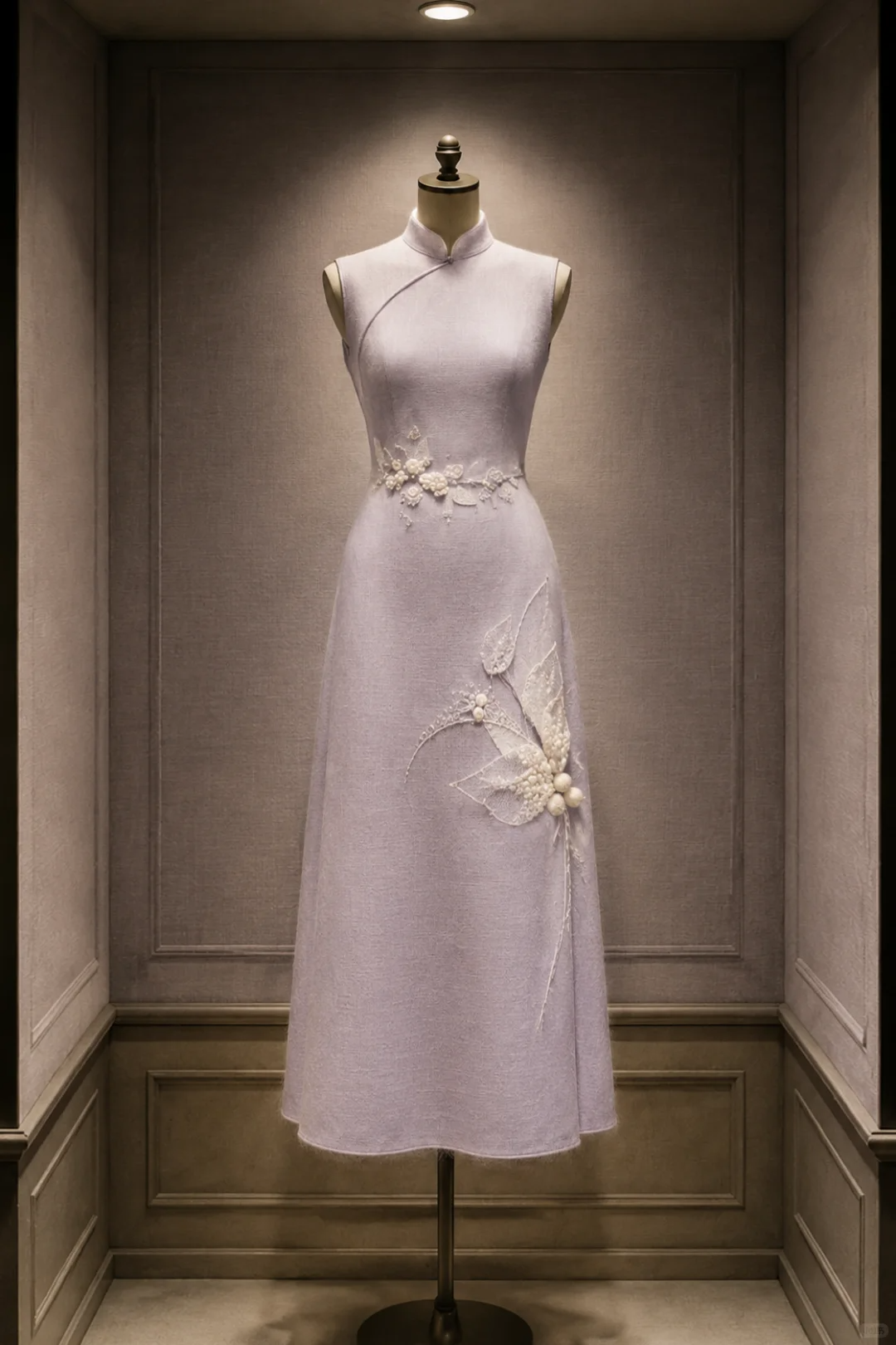 ✨Girlhomeshops-Lavender Sleeveless New Chinese Cheongsam, 3D Pearl Floral Applique Midi Dress gh10432
