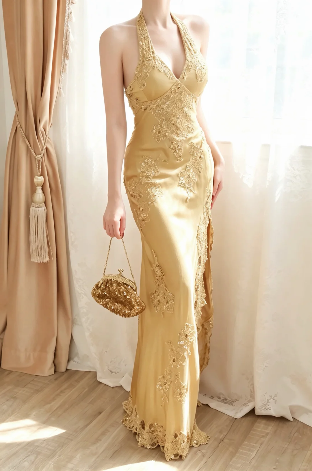 Women Gold Satin Long Evening Gown Halter Deep V Neck Lace & Sequin Appliques High Side Slit Mermaid Formal Dress gh9569
