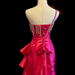 Fuchsia Satin One‑Shoulder Mermaid Evening Gown, Rhinestone Bow Ornament, Vertical Rhinestone Fringe Bust, Side Cascading Ruffle With Floral Crystal Buckle, Mermaid Silhouette With Short Train, Pageant Prom Dress gh8906
