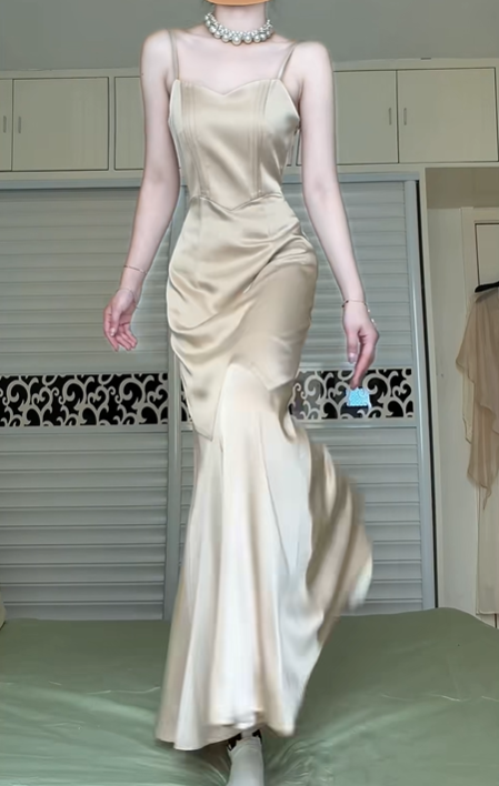 Champagne Satin Spaghetti Strap Long Evening Gown, Sweetheart Neck Mermaid Formal Prom Dress gh9032