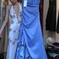 Spaghetti Strap Dusty Blue Prom Dress Beaded Sequin Draped Ruched Tiered Ruffle Satin Formal Gown gh9801
