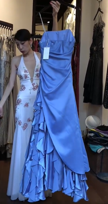 Spaghetti Strap Dusty Blue Prom Dress Beaded Sequin Draped Ruched Tiered Ruffle Satin Formal Gown gh9801