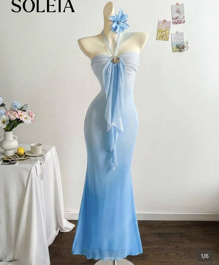 Light Blue Gradient Halter Neck Waist-Cinched Bodycon Sexy Evening Dress, Fairy Gown, Romantic Gown gh7440