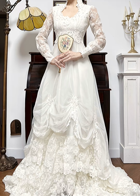 Ivory Vintage Tulle Lace Wedding Gown, V‑Neck With Frilled Stand Collar, Lace Lantern Long Sleeves, Lace Appliqués Empire Waist, Draped Ruched Skirt, Inner Lace Full Skirt With Long Train, Bridal Prom Dress gh8763