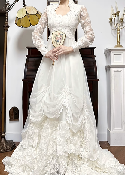 Ivory Vintage Tulle Lace Wedding Gown, V‑Neck With Frilled Stand Collar, Lace Lantern Long Sleeves, Lace Appliqués Empire Waist, Draped Ruched Skirt, Inner Lace Full Skirt With Long Train, Bridal Prom Dress gh8763
