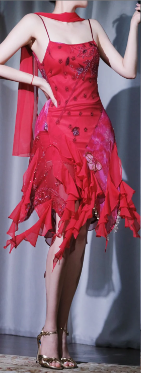 ✨Girlhomeshops-Red Spaghetti Strap Prom Gown Square Neck Beaded Irregular Ruffle Short Dress gh10088
