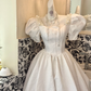 White Puff Sleeve Beaded Waist-Cinched Full Flared Long Vintage Romantic Dress, Wedding Gown gh7517