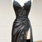 Black elegant sexy spaghetti straps applique side slits long lace evening gown ball gown gh2611