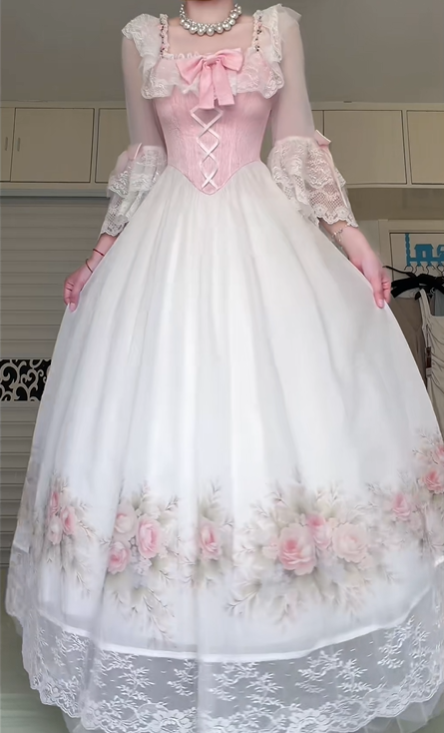 Pink‑White Vintage Square Neck Mid‑Sleeve Ball Gown, Lace Ruffle Collar, Front Bow & Corset Lace‑Up Bodice, Sheer Lace Mid‑Sleeve, Floral Rose Print Hem, Lace Trim Tulle Maxi Skirt, Prom Party Dress gh8928