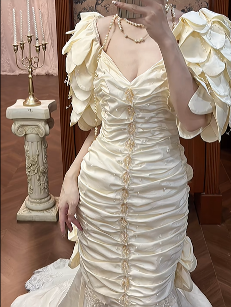 Cream Vintage Satin Mermaid Wedding Prom Dress, Halter Pearl Straps, 3D Petal Sleeves, 3D Flowers Bows Lace Long Train gh8706