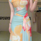 Mint‑Green Large Floral Print One‑Shoulder Long Evening Gown, Lace Trim Waist Sash Flowy A‑Line Formal Prom Dress gh9000
