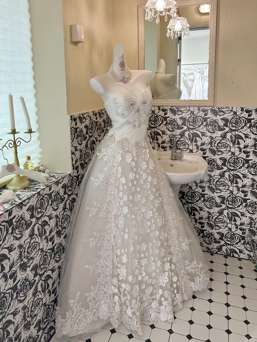Ivory Strapless Rhinestone Cinched Waist Lace Skirt Long Romantic Dress, Wedding Gown gh7821
