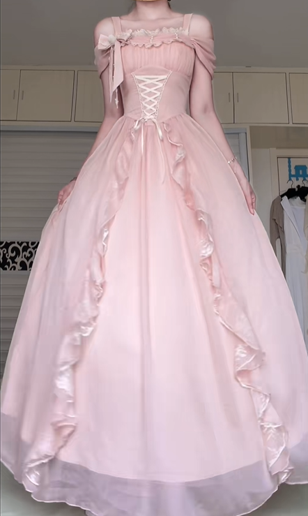 Soft Pink Spaghetti Strap Off‑Shoulder Long Gown, Lace Trim Square Neck, Corset Lace‑Up Bodice, Shoulder Bow Detail, Satin Ruffle Trim, Tulle Ball‑Gown Maxi Skirt, Prom Party Dress gh8926