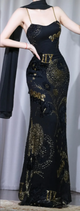 ✨Girlhomeshops-Black Gold Chain Strap Mermaid Prom Dress Vintage Sequin Evening Gown gh9983