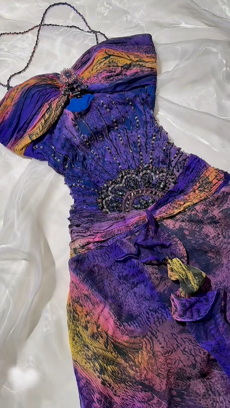 Vintage Purple Printed Halter Spaghetti Strap Fitted Waist Slim Long Prom & Evening Party Dress gh8512