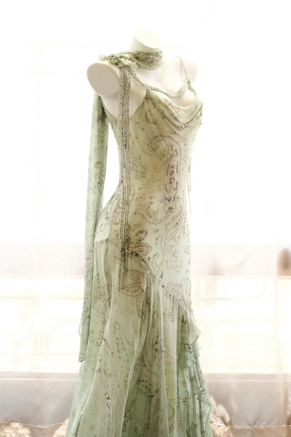 Women Vintage Long Mermaid Formal Dress Spaghetti Straps Cowl Neck Mint Green Paisley Print Hand Beaded Chiffon Evening Gown With Matching Neck Scarf gh9586