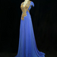 ✨Girlhomeshops-Royal Blue Cap Sleeve Gold Beaded Chiffon Gown Sweep Train gh10150