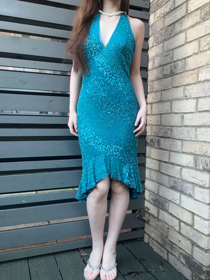 Lake Blue Sexy Vintage Rhinestone Beaded Halter Fitted Waist Slim Prom & Evening Party Dress gh8436