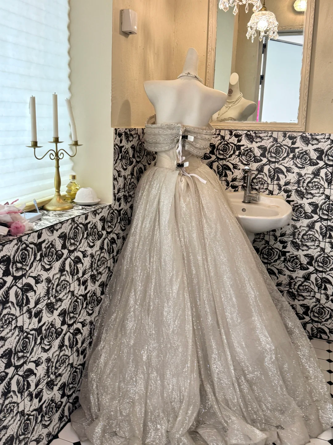 Ivory Strapless Beaded Waist-Cinched Full Flared Long Vintage Romantic Dress, Wedding Gown gh7562