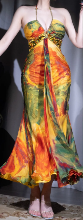 ✨Girlhomeshops-Oil Painting Floral Halter Chiffon Prom Gown Colorful Beaded Waist Long Dress gh10084