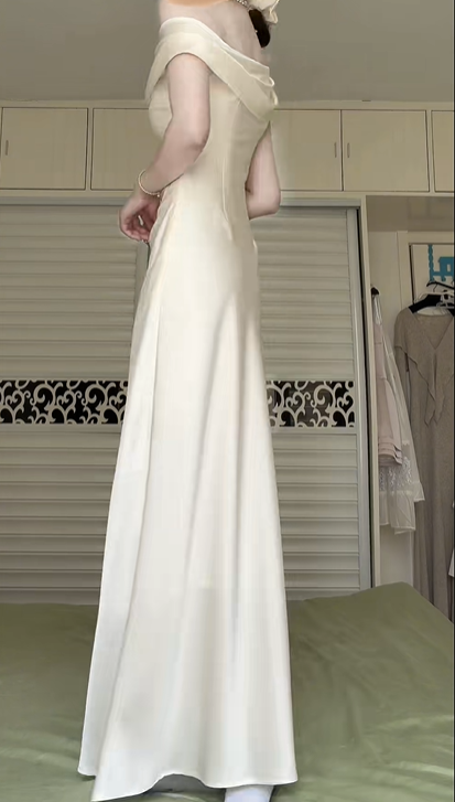 Off‑White Satin One‑Shoulder Fold‑Over Long Evening Gown, Draped Ruched Bodice Mermaid Formal Prom Dress gh9001