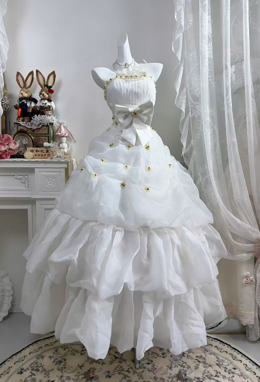 White Halter Long Wedding Dress, Ruched Bodice With Gold Floral Beads, Big Bow Tiered Organza Cake Skirt Bridal Ball Gown gh9269
