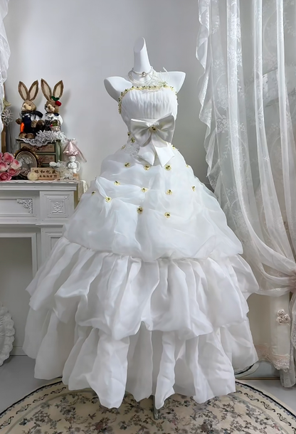 White Halter Long Wedding Dress, Ruched Bodice With Gold Floral Beads, Big Bow Tiered Organza Cake Skirt Bridal Ball Gown gh9269