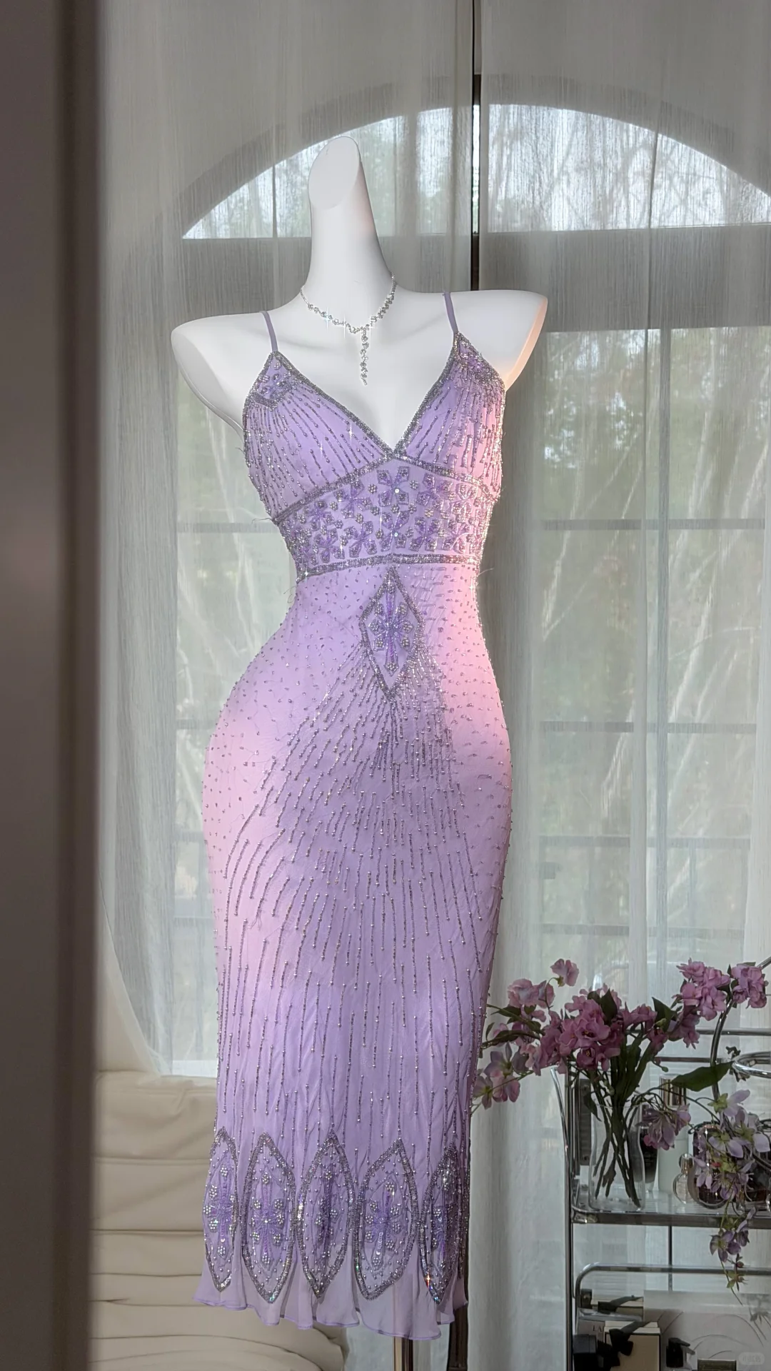 Lavender V-Neck Spaghetti Strap Vintage Geometric Beaded Bodycon Midi Evening Dress gh9523
