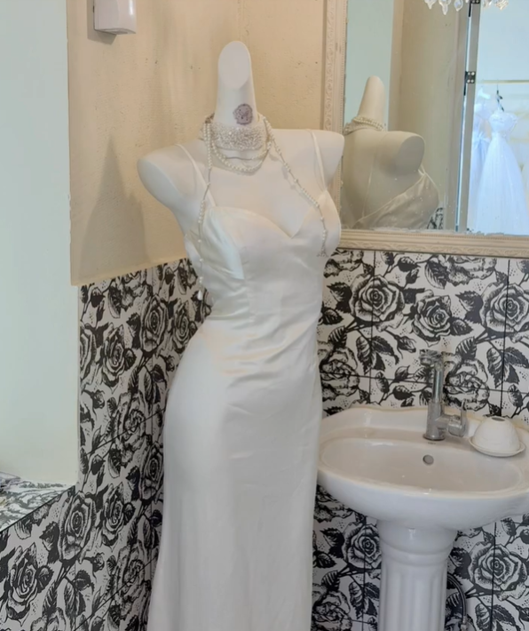 White Lace Overlay Satin Spaghetti Straps Cinched Waist Sexy Long Romantic Dress, Wedding Gown gh7827