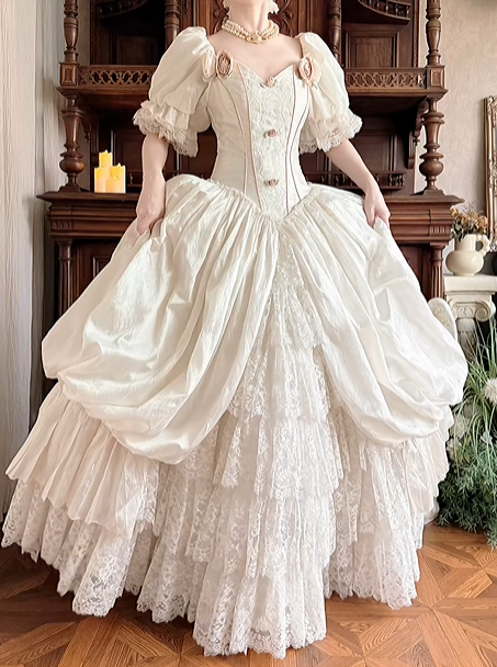 Cream Vintage Rococo Corset Ball Gown, V‑Heart Neckline, Puff Short Sleeves With Lace Ruffle Cuffs, 3D Rose Shoulder Details, Buttons Bodice, Multi‑Layer Lace Ruffle Skirt, Wedding Prom Gown gh8627