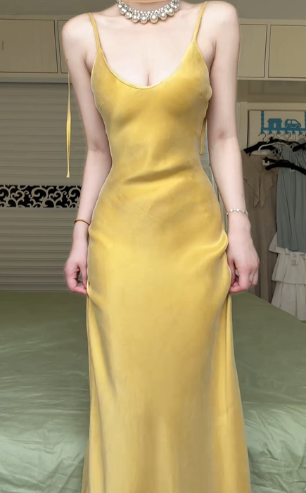 Golden Yellow Satin Spaghetti Strap Mermaid Long Evening Gown, V‑Neck Back Tie Adjustable Formal Prom Dress gh8984