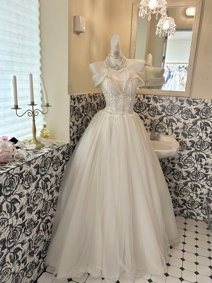 Ivory Off-the-Shoulder Waist-Cinched Voluminous Princess Full Skirt Long Romantic Dress, Wedding Gown gh7689