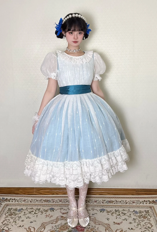 Vintage Gradient Blue Puff Sleeve Fitted Waist Flared Skirt Prom & Evening Party Dress gh8497