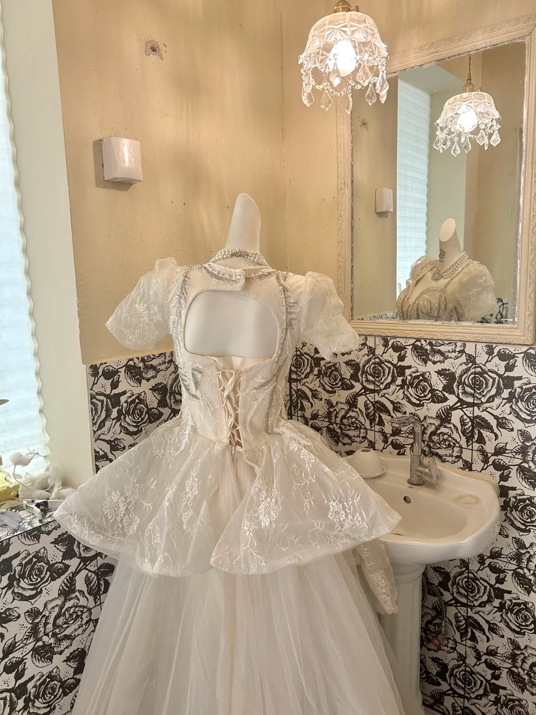 Ivory Puff Sleeve Cinched Waist Sequined Voluminous Skirt Long Romantic Dress, Wedding Gown gh7809