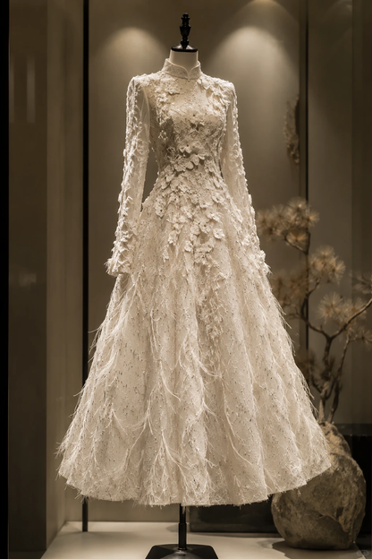 ✨Girlhomeshops-New Chinese Qipao Lace Midi Wedding Gown, Feather Fringe 3D Floral Bridal Dress gh10344