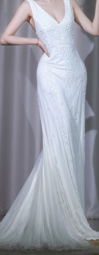 ✨Girlhomeshops-Lace Beaded Mermaid Wedding Dress White V Neck Sleeveless Bridal Gown gh9958