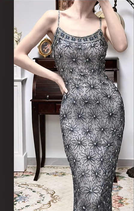 Black‑Grey‑Mesh‑Vintage‑Midi‑Gown Spaghetti‑Straps Hand‑Beaded‑Daisy‑Floral‑Pattern Sheer‑Mesh‑Base Fitted‑Sheath‑Ankle‑Length Retro‑Gatsby‑Cocktail‑Evening‑Dress gh8843