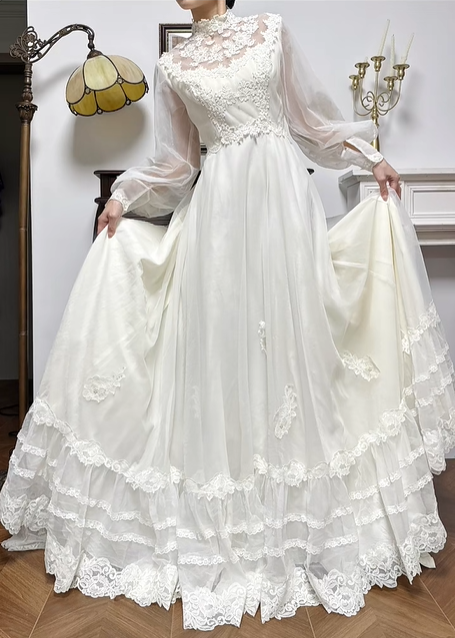 Ivory Vintage Tulle Wedding Gown, Lace High Neck Sheer Mesh Inset V‑Neck, Sheer Lantern Long Sleeves, Lace Appliqués Empire Waist, Multi‑Tier Lace Ruffled Long Train Tulle Skirt, Bridal Prom Dress gh8759