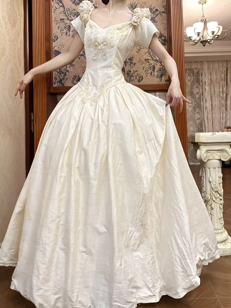 Ivory Vintage Satin Wedding Gown, V‑Neck Short Sleeves, 3D Fabric Flower Shoulder Accents, Floral Appliqué Fitted Waist, Voluminous Victorian A‑Line Ball Gown Skirt, Bridal Prom Dress gh8730
