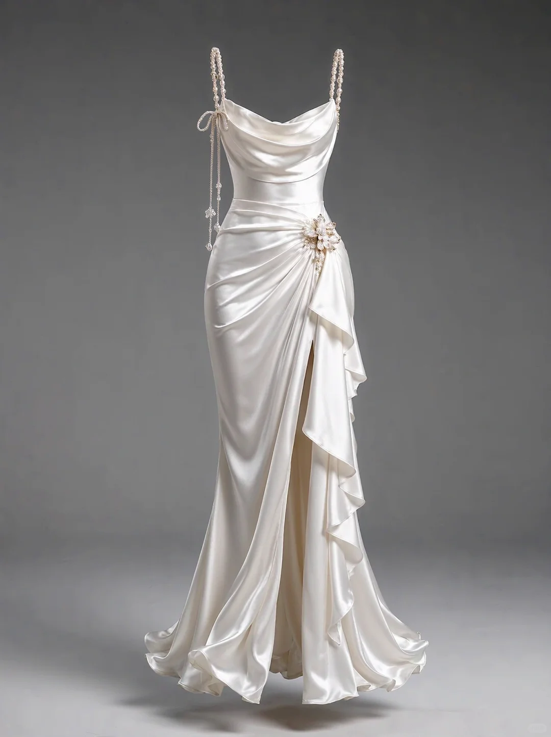 ✨Girlhomeshops-Cowl Neck Pearl Strap Satin Mermaid Wedding Gown with High Slit Ruffle gh10506