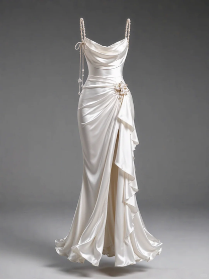 ✨Girlhomeshops-Cowl Neck Pearl Strap Satin Mermaid Wedding Gown with High Slit Ruffle gh10506