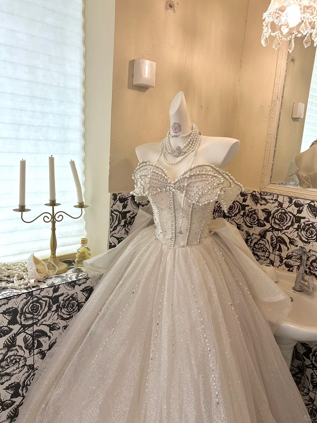 Ivory Strapless Beaded Waist-Cinched Voluminous Skirt Long Romantic Dress, Wedding Gown gh7726
